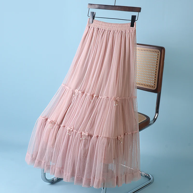 Double Layer Mesh Bow High Waisted Midi Skirts for Women Pure Color Green Summer Pleated French Sweet Skirt