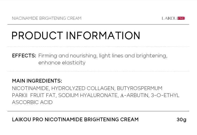 LAIKOU Skin Care Moisturizing Nourishing Firming Niacinamide Whitening Brightening Face Cream 30g