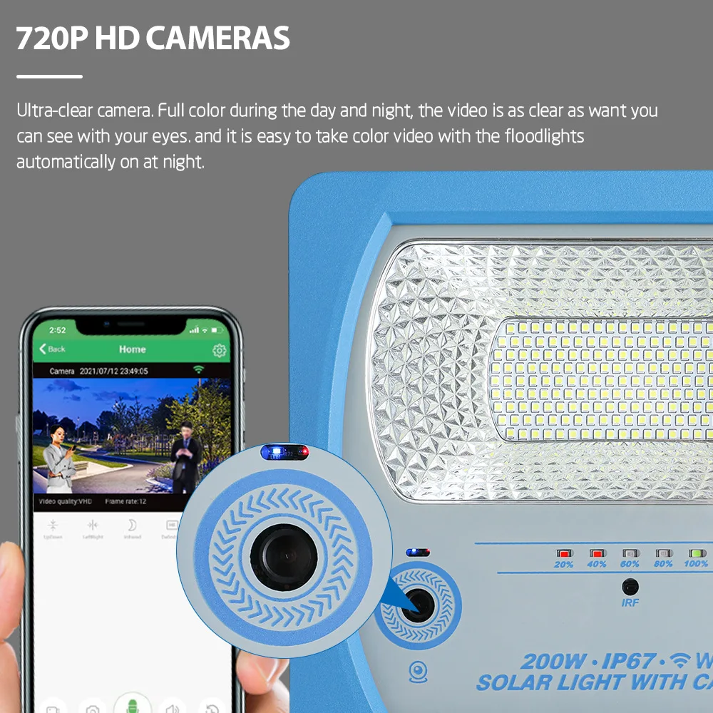 Smart Flood Light with HD Camera 100W300W Solar Powered WiFi IP67 Waterproof Motion Sensor Security Lighting