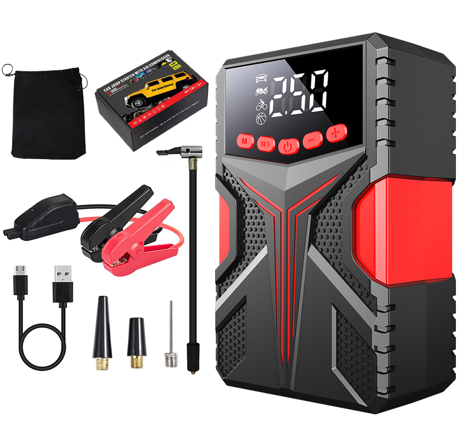 Производитель, оптовая продажа, 4 в 1, многофункциональное автомобильное пусковое устройство с воздушным компрессором, портативное пусковое устройство с воздушным насосом
