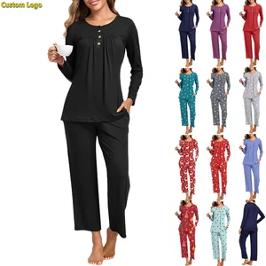 Custom Logo Pyjama Womens Pajama Sets Long Sleeve Pajamas for Women Sets 2 Piece Lounge Soft Pj Sets Fall Sleepwear with Pockets