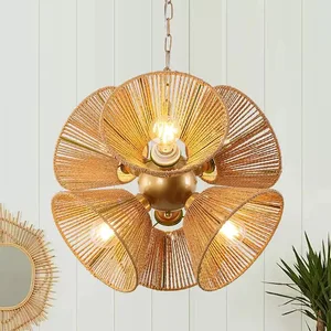 Simple Retro American Art Style Hand-Woven Rattan Chandelier for Restaurant Guest Room B&B Hotel Bedroom Rectangle Shape Middle