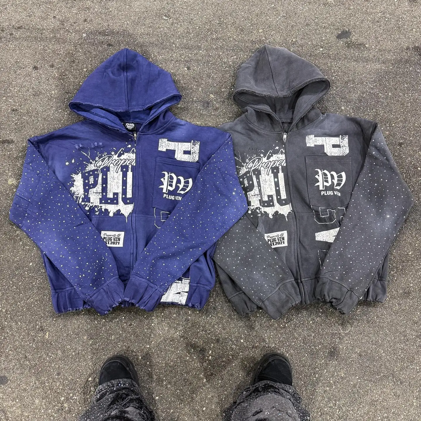 Custom Washed Vintage Print Rhinestone Sun Faded Full Zip up Hoodies Tracksuits Men Flared Acid Wash Sweatpants Hoodie Set gallery 3
