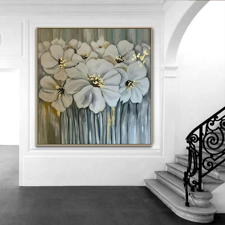 Handmade Modern Canvas Art Gold White Floral Picture Abstract Flowers Paintings Buy Abstract