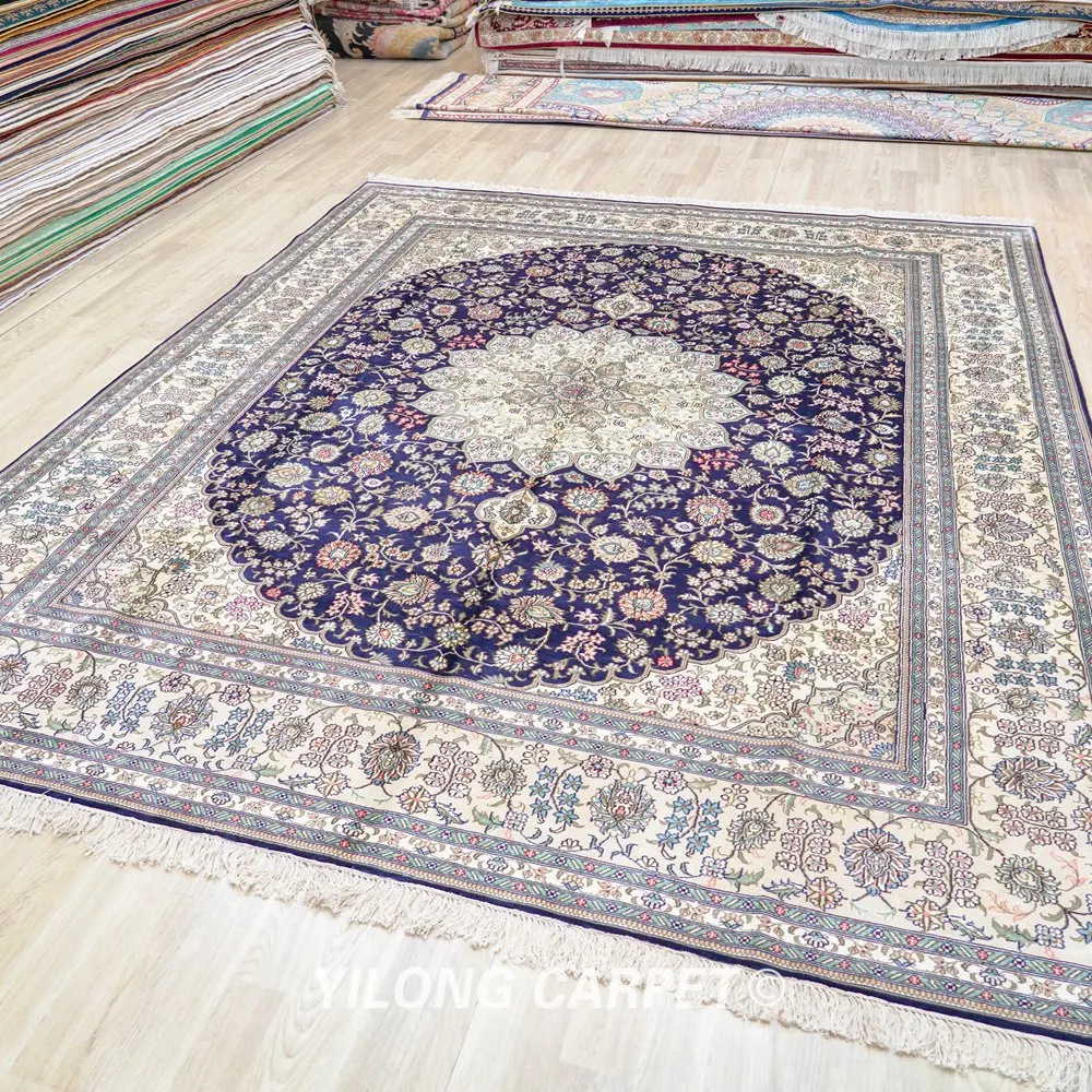 Yilong 4'x6' Traditional Hand Knotted Silk Rugs Oriental Persian Qum Medallion Carpet for Bedroom 
