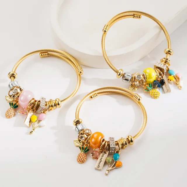 Hot sale gold plated stainless steel cartoon fruit charm bracelet large hole beads colorful balloon pendant DIY bangle for girls