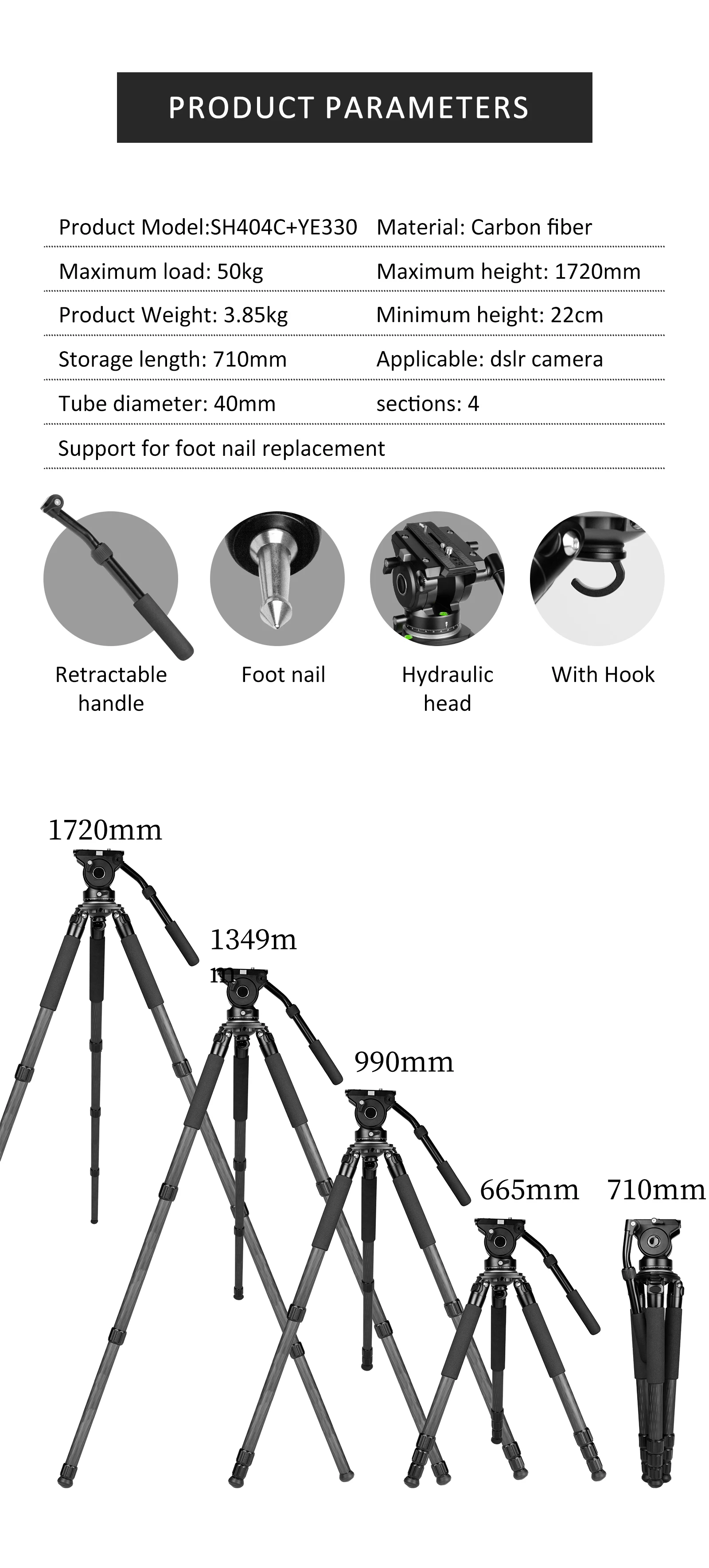 Bizen Sh404c+ye330 Professional Hunting Carbon Fiber Tripod 40mm Large
