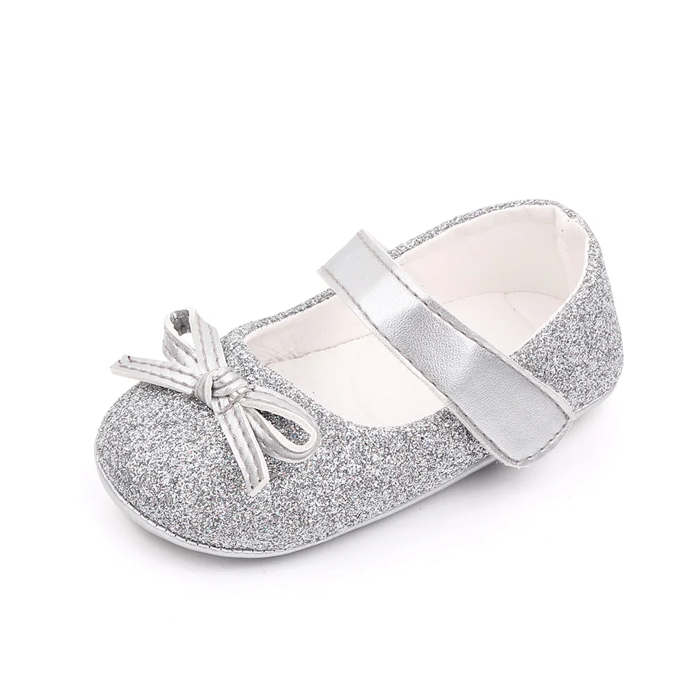 Spring and Summer New Sparkling Solid Color Glitter Bow Baby Girls Princess Walking Shoes details
