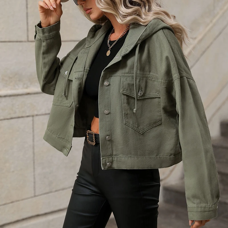 New Design Drop Shoulder Drawstring Jeans Coat Fashion Casual Women Oversized Hooded Crop Denim Jacket