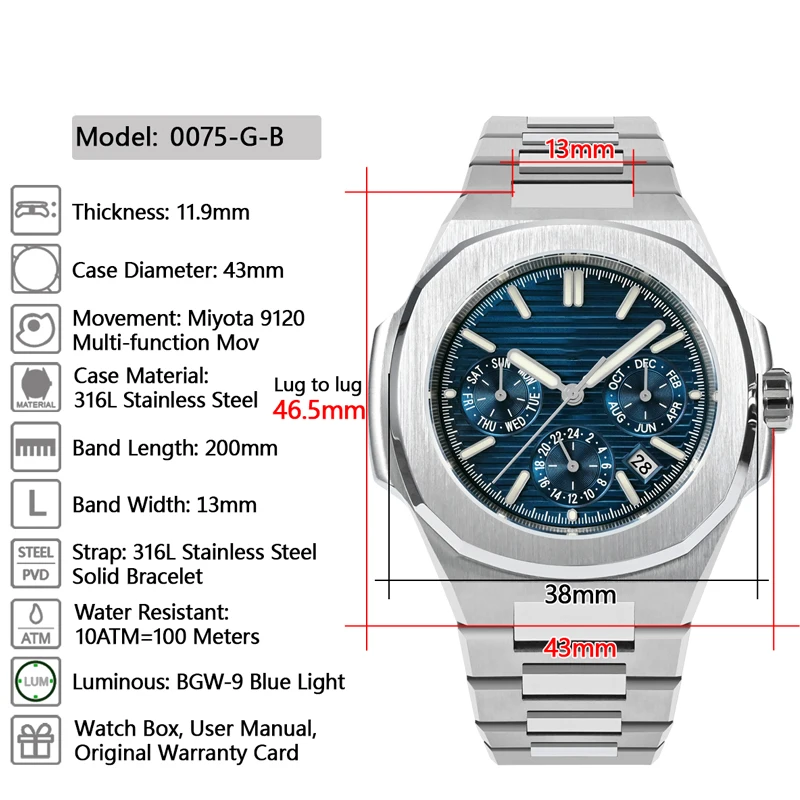 43mm Miyota 9120 Multi-function Men Luxury Dress Watch Embossed Texture Dial Business Automatic Mechanical 10Bar BGW-9
