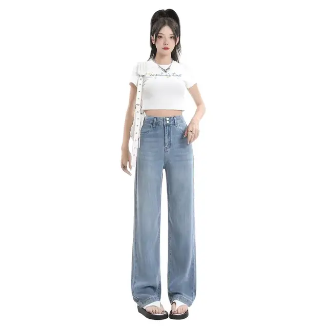 new style whole   lyocell high-waist denim sky blue  color  loose and long wide-leg pants