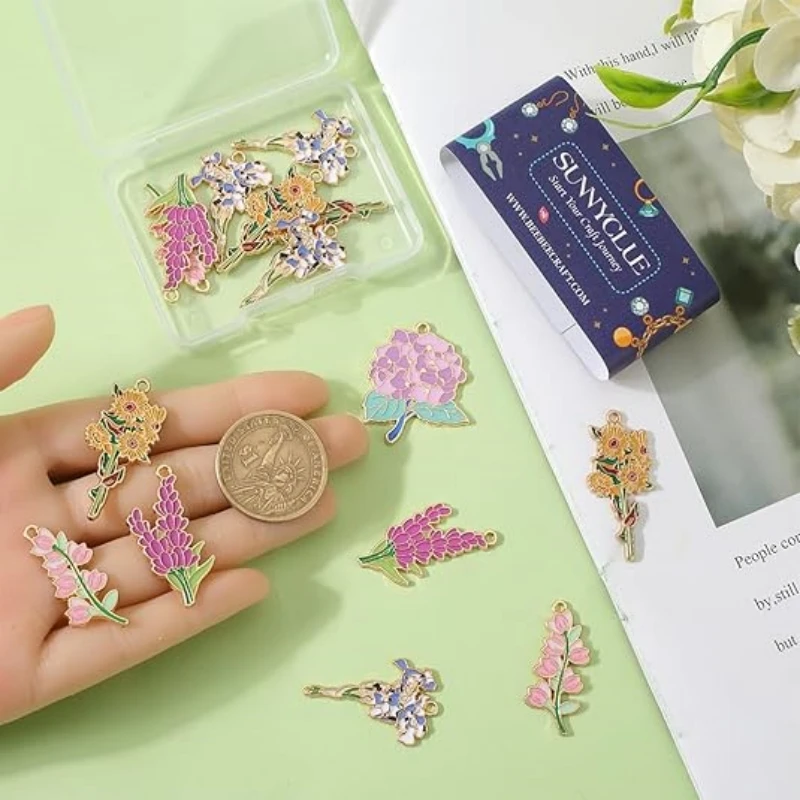 Enamel Flower Charms Bulk Spring Charm Colorful Sunflower Daisy Lily Violet Iris Alloy Floral Charm for Jewelry Making