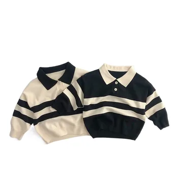 Kids Sweaters Boys Knitwear Striped Boys Knit Pullover Turn Down Collar Kids Sweater