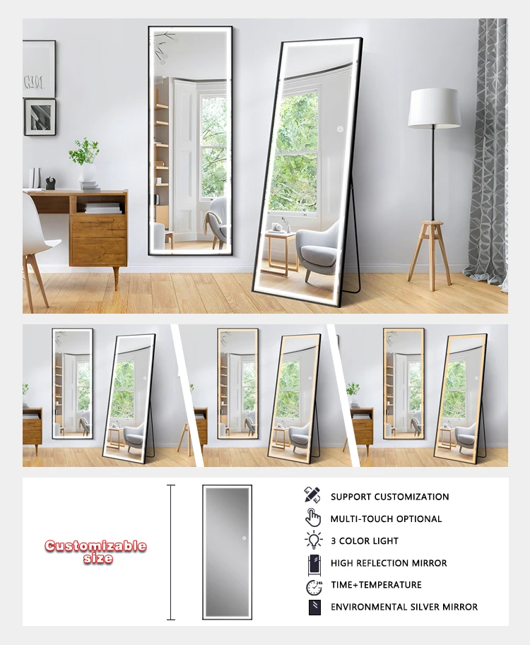 product decorative led full body tempered glass mirrors bedroom luxury floor full length mirror with coat hanger-7
