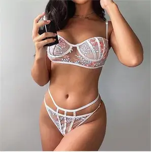 Sexy Chiffon Breathable Sexual Hollow Out Embroidered Lace Patchwork Women Underwear Lingerie Set