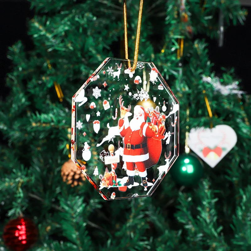 product new arrivals crystal  octagon shape christmas tree pendant ornaments with uv printing design-36