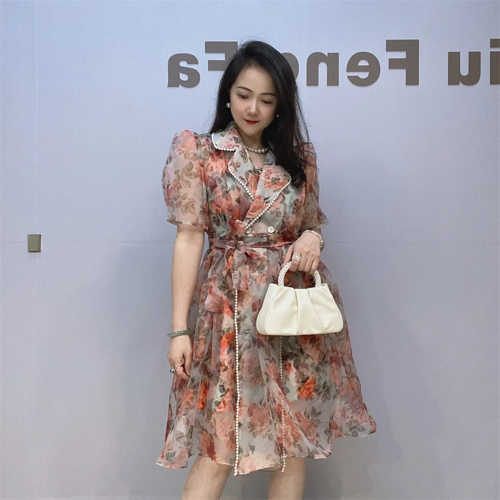 summer dress casual roses Rose Organza Floral Mini Dress With Puff Sleeves & Turn-down Collar