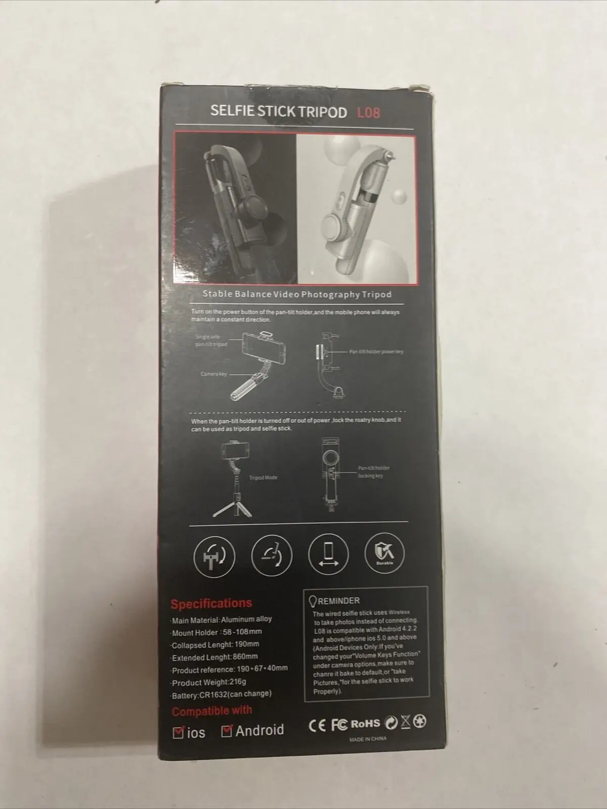 L08 Handheld Gimbal Stabilizer Mobile Phone Selfie Stick Holder Adjustable Stand
