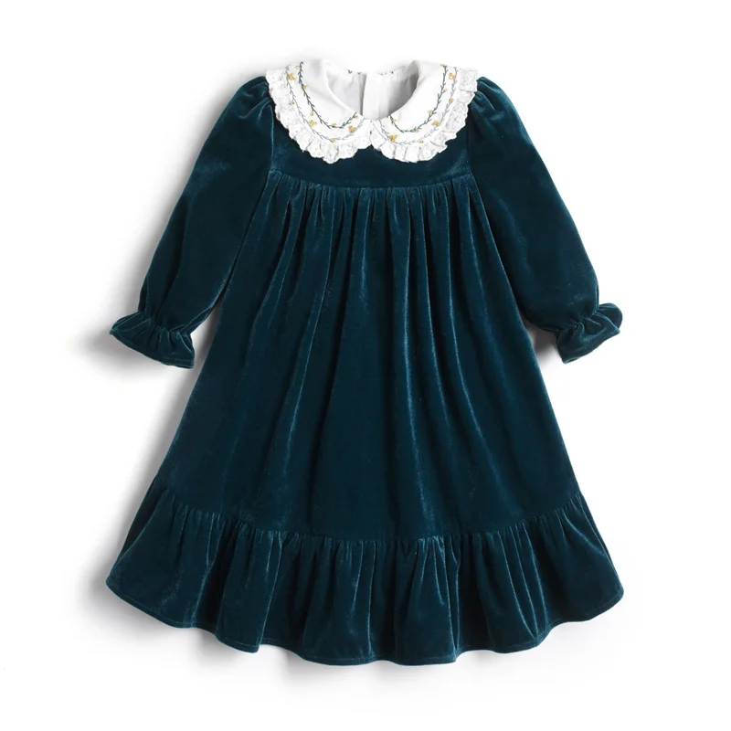 New Autumn Winter Kids Dress Long Sleeve Velvet Children Spanish Vintage  with Hand Made Embroidery Baby Girl Dresses