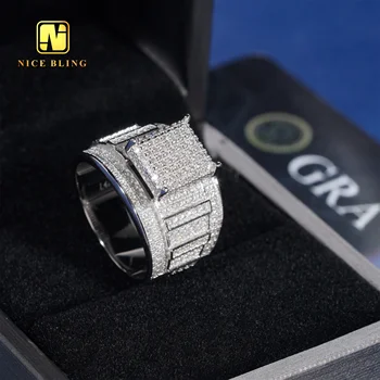 Luxury men hip hop jewelry rings square shape 925 sterling silver iced out rings cheap price vvs moissanite diamond hiphop rings