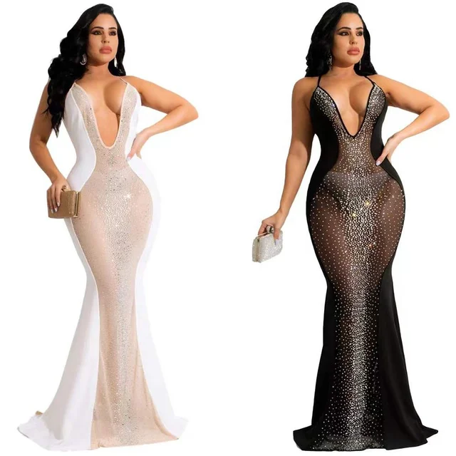 High quality deep v neck patchwork mesh rhinestone dress sexy women elegant evening dress nightclub wear ladies maxi dress