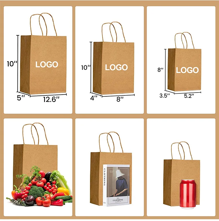 Recyclable Brown Custom Paper Food Bag Shopping Handle White Kraft