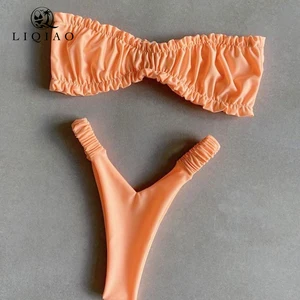 Peachy Orange Ruffled Bandeau Swimwear Set Sustainable Digital Printed Custom Logo 2-Piece Women's Swimwear