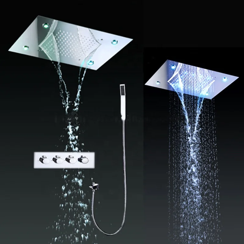 Ceiling Mount Square Fixed Rainfall Shower Head with 3 Way Thermostat Bathroom Shower Faucet Chrome and Handheld Shower Set