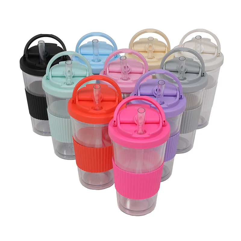 BORGE Customized 16OZ/480ml Double Layer Plastic Reusable Bubble Tea Cup Tumbler With Straw