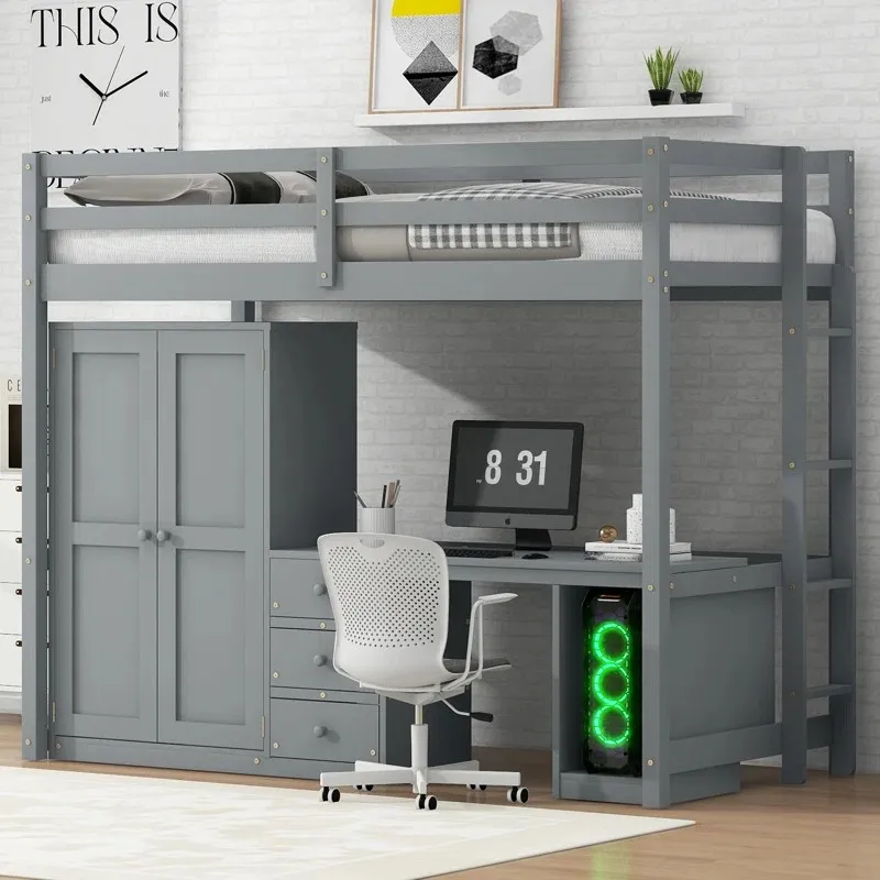 Loft Kids Bed with Wardrobe, Desk & Storage Drawers - Twin Size, Space ...