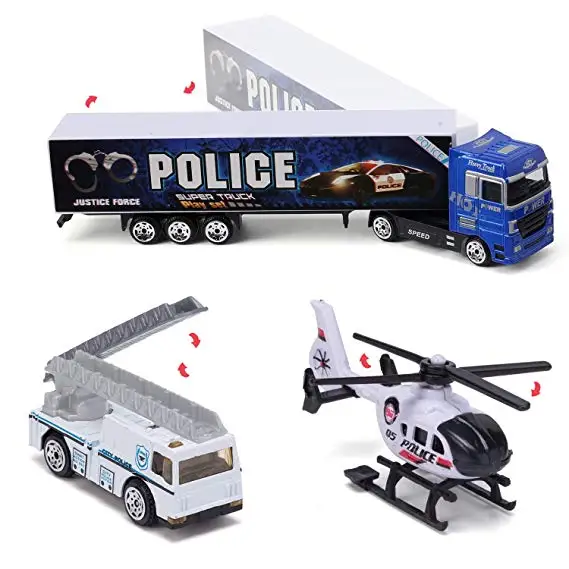 10 in 1 Police Transport Truck Mini Die-Cast Plastic Play Vehicle in Carrier Car Toy Set Mini Cars for Kid Children Boy