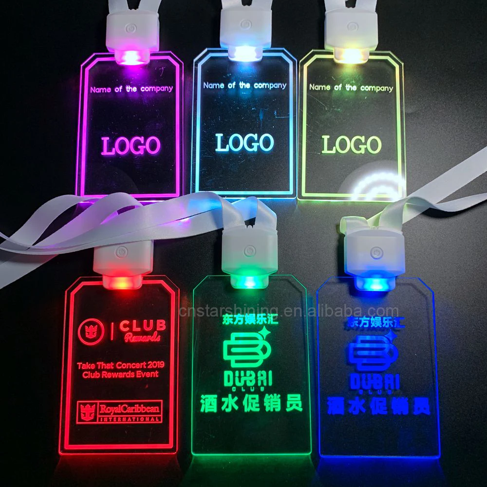 Factory OEM Laser Engraved LOGO Customized Shape Colorful Light up Acrylic ID Card Holder LED Lanyard