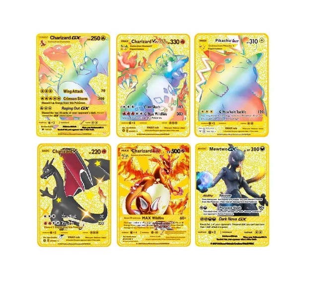 Fast Shipping Custom New Trading Cards Game Charizard Pikachu Vmax GX Gold Card Metal Popular Pokemoned Playing Cards