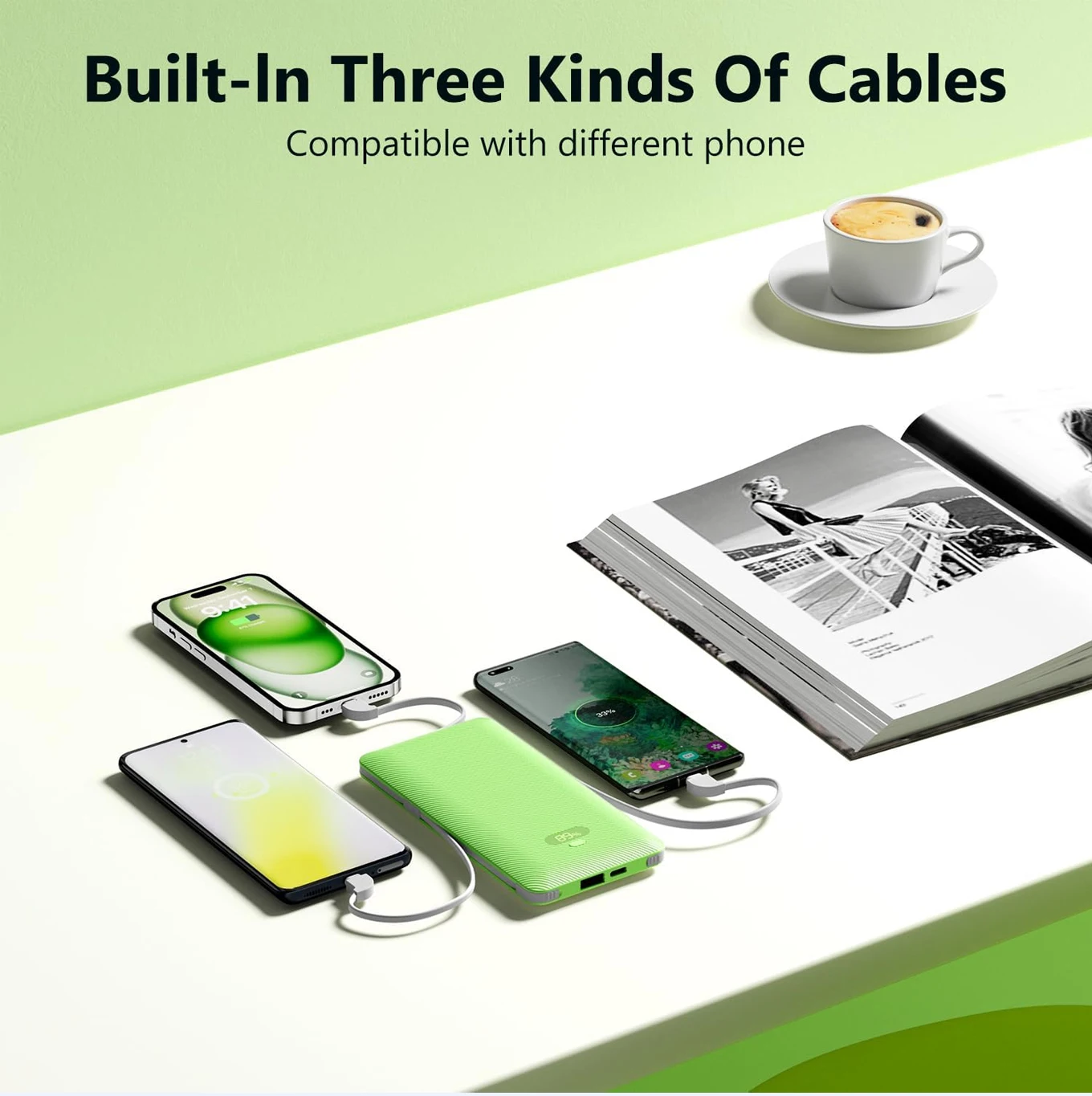 Quick 20W 6 in 1 Power Bank 10000mAh Built-in 3 Cables & AC Plug, Portable Multi-port Phone Charger Digital Display PB180P