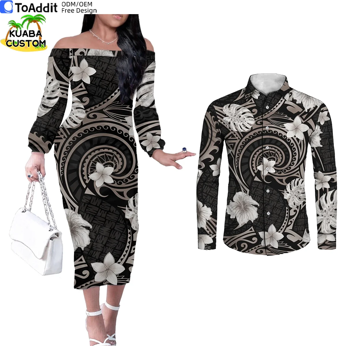 Polynesian Tribal Pattern Matching Outfits for Couples Long Sleeved Couple Clothes