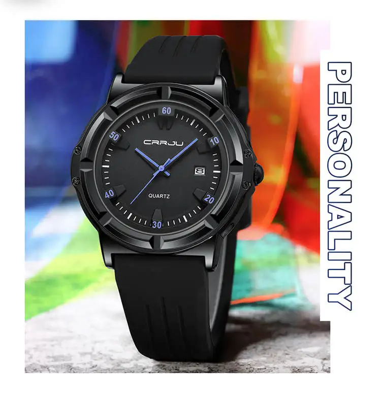 Crrju Watch 5030 Elegant Custom Logo Man Quartz Watch Stylish Silicone Band  Waterproof Date Display Character Casual Watch Set