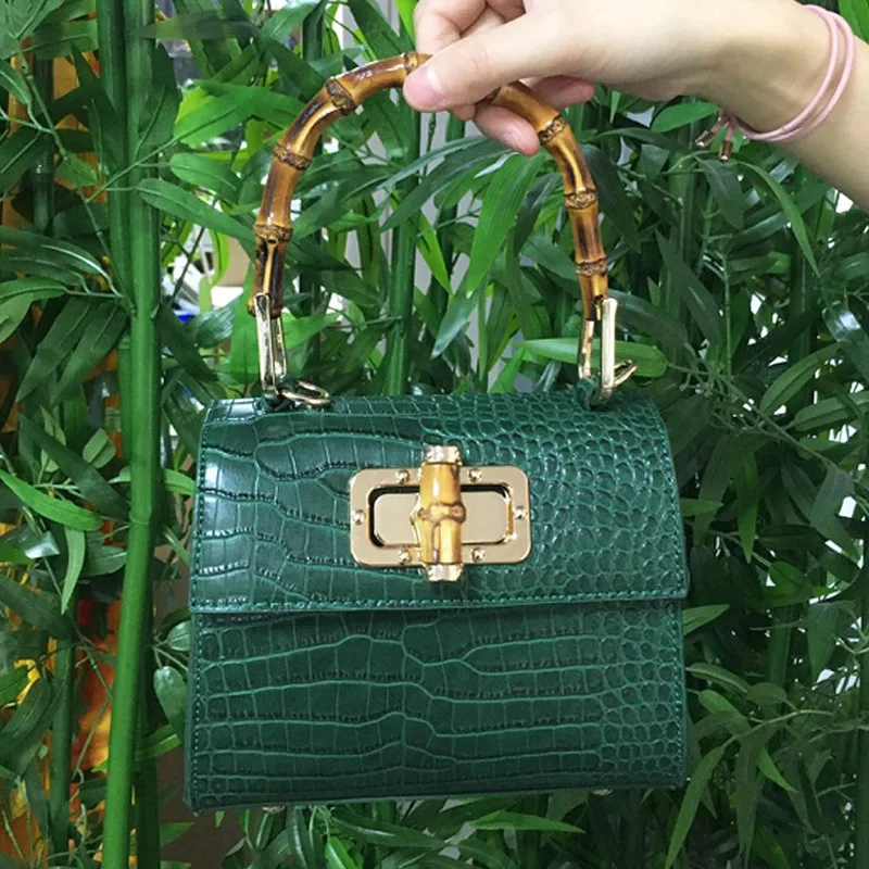 Gucci Bamboo Handle Crocodile Leather Bag in Green