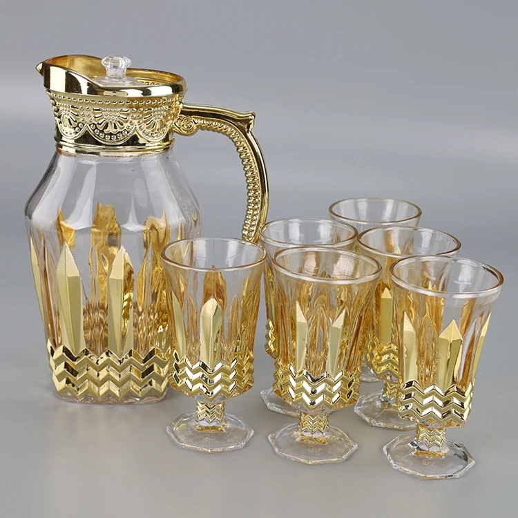 7PCS Wholesale Factory High-White Bohemia Style Golden Decorative Glass  Water Drinking Jug Set Pitcher Set with Customized Decal - China Glassware  and Glassware Set price