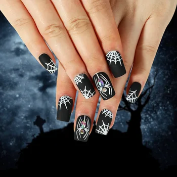 24 pcs/set wear nails Halloween manicure black frosted white spider web rhinestone nail art piece removable press on nails