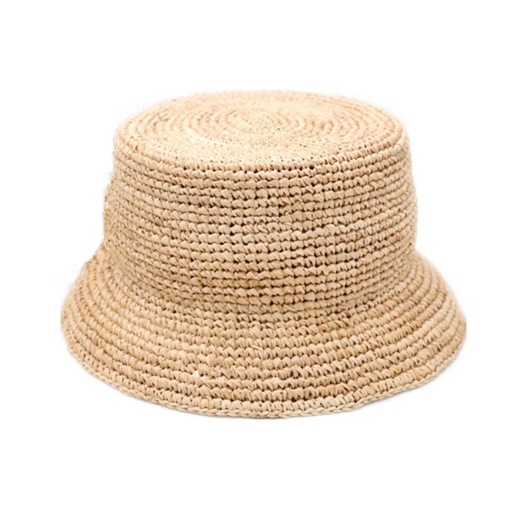 Custom Designer Handmade Crochet Raffia Straw Bucket Hat for Women Lady Beach Sun Shade for Daily Sports Outdoor Casual Dress