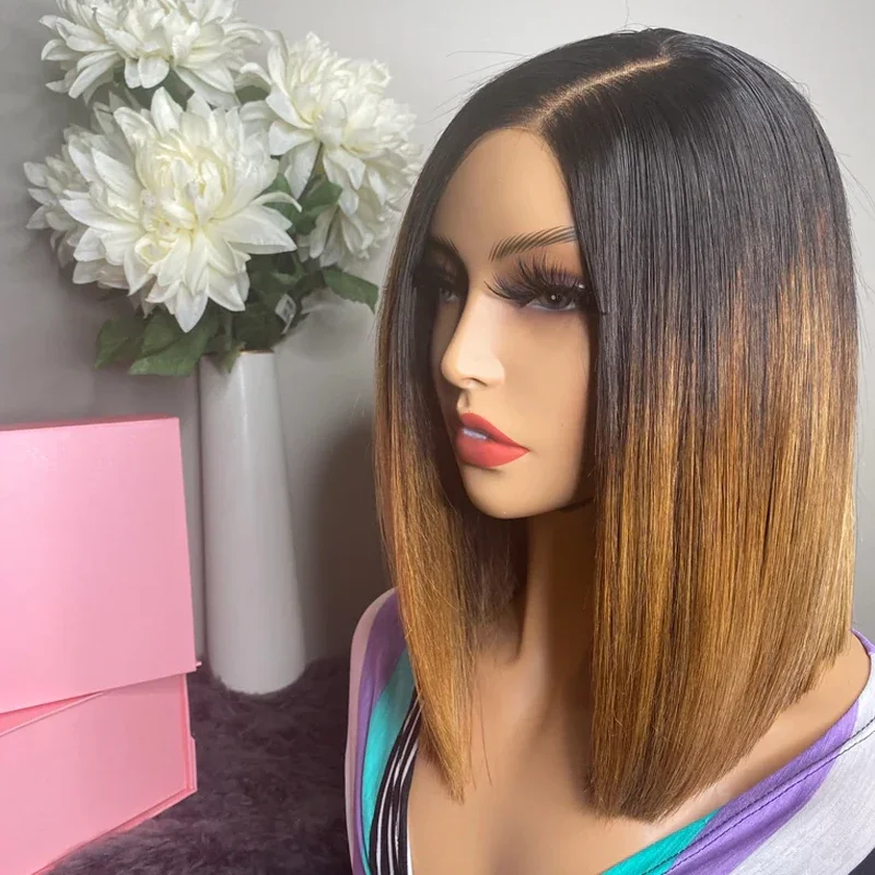 Blaues Ombré Bob Echthaarperücke Mit Lace Closure Für Damen_voghion.com