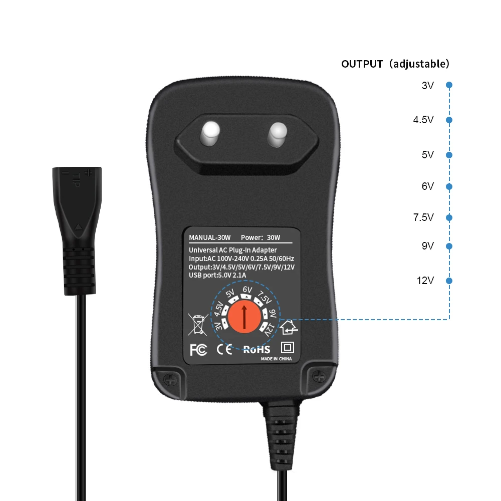 Adaptateur d'alimentation universel réglable de 3 V à 12 V de 30 W avec  plusieurs embouts c.c.