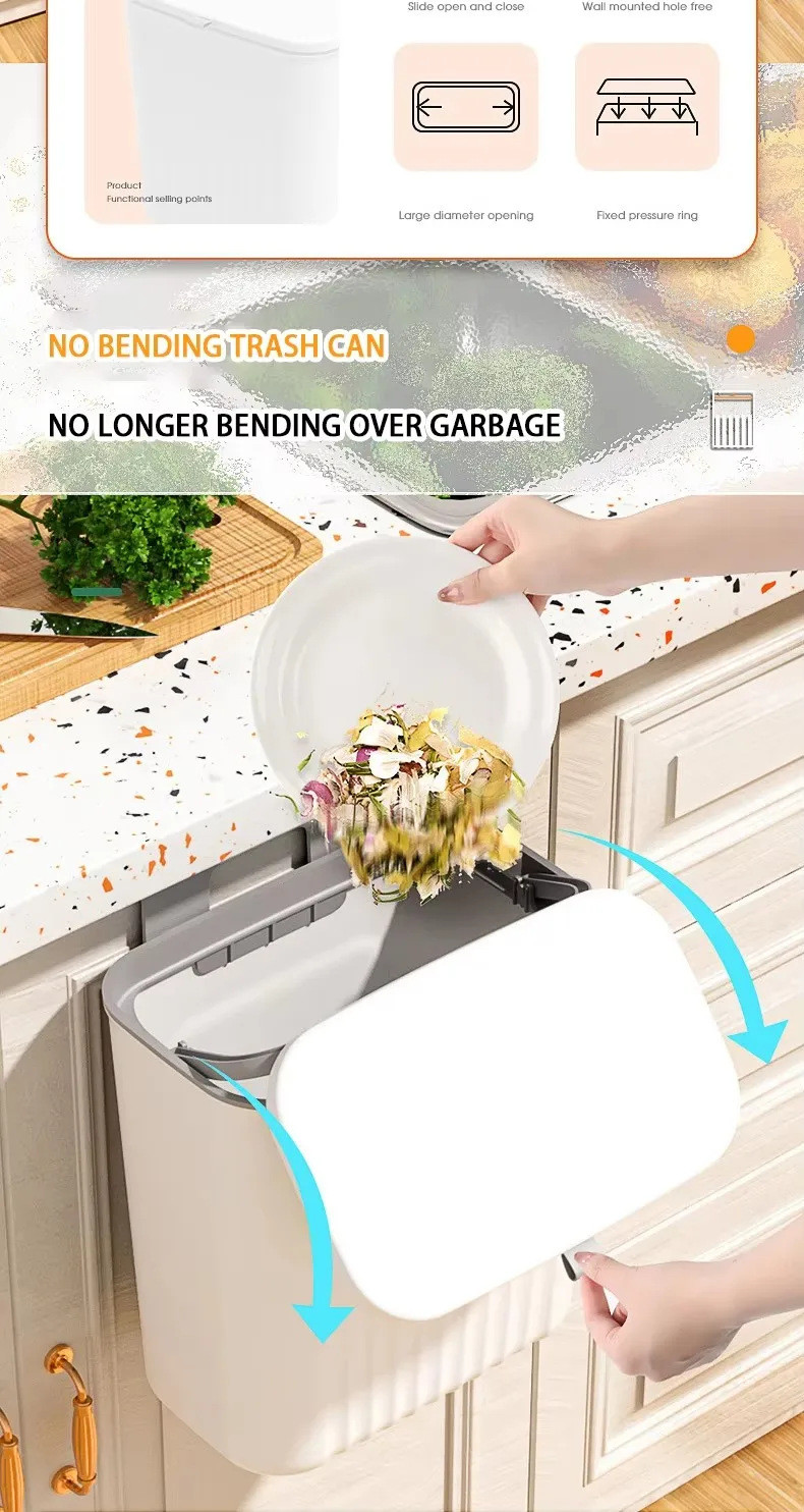 product upgraded thickened plastic pp vertical compost waste bin kitchen hanging trash can with hanging hook  sliding open lid-32