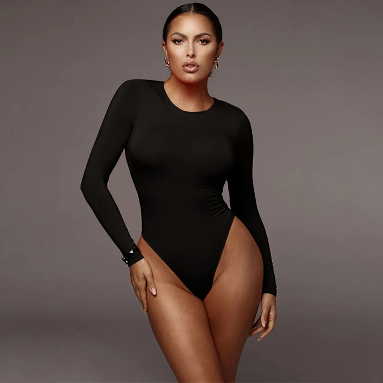 New Design 2023 Spring Solid Color Basic Round Neck Custom Ladies Tops Long Sleeve Bodysuits for Women