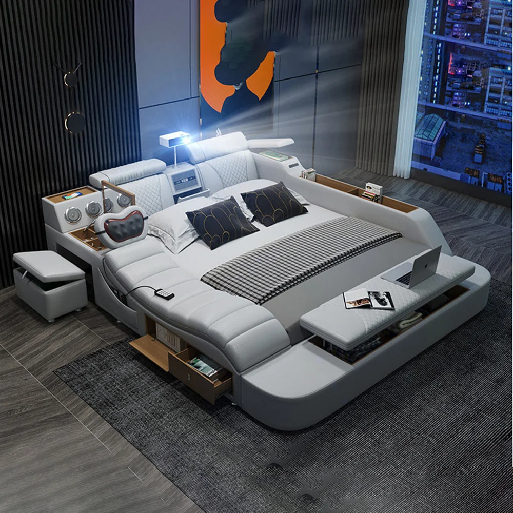 Cama inteligente Limlamlim Tech King Size em couro, com