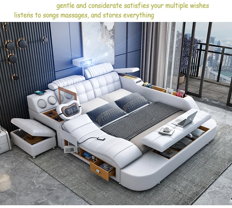 Modern Bedroom Storage Leather Bed Multi-functional Massage Tatami Bed ...