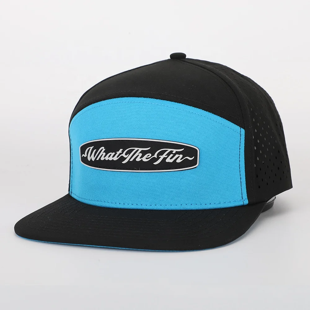 BSCI Oem Custom High Quality 6 Panel Flat Bill PVC Patch Logo Sport Snapback Cap Waterproof Laser Cut Hole Perforated Hat