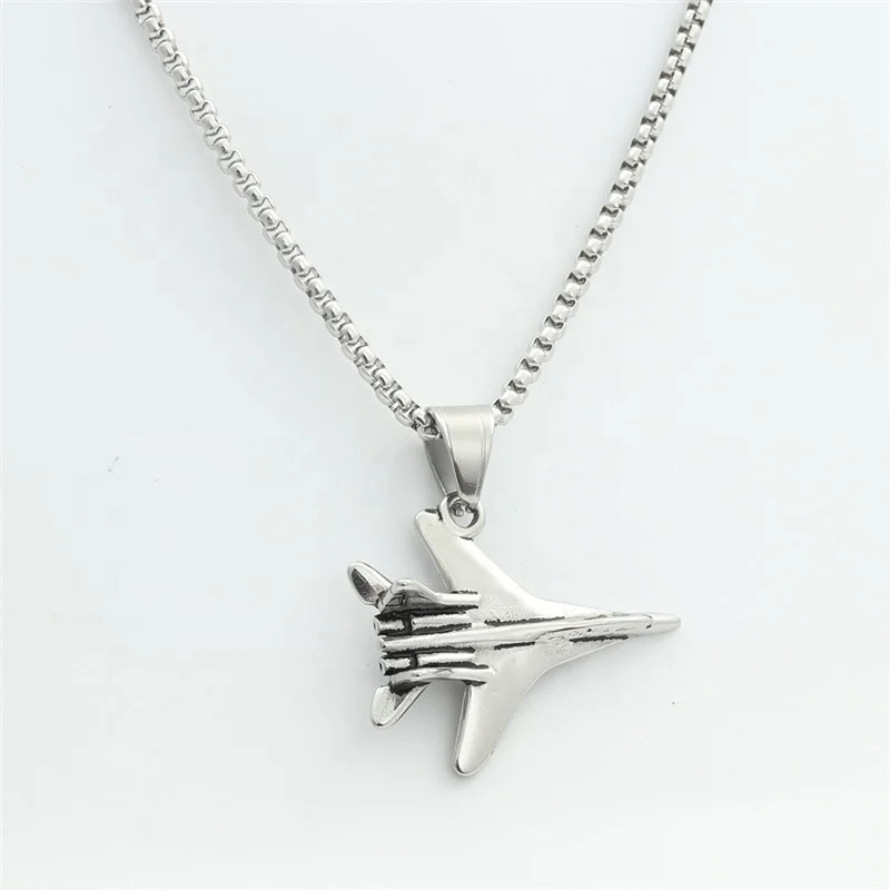 Collier Pendentif Avion En Acier Inoxydable - Cadeau Pour Homme - Chaîne 55 Cm - Finition Argentée