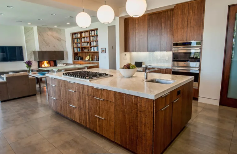 Modern Customized U Shape Wooden Waterfall Island Kitchen Cabinets