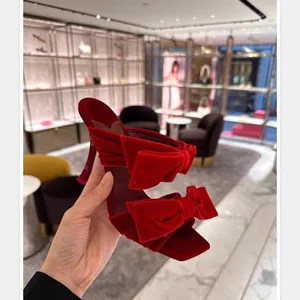 QuiteS New Red Velvet Square Head Suede Bow Sandals Open Toe High Heels Thin Heel Elegant Casual Sexy Shoes for Women